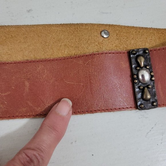 Studded Belt Womens Medium Brown Leather Sepia Tan Western Boho Embellished - Picture 8 of 10